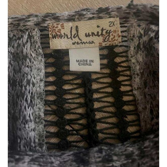 World Unity Woman 2X Black Gray Black Lace Trim Loose Knit Pullover Sweater - Picture 4 of 5